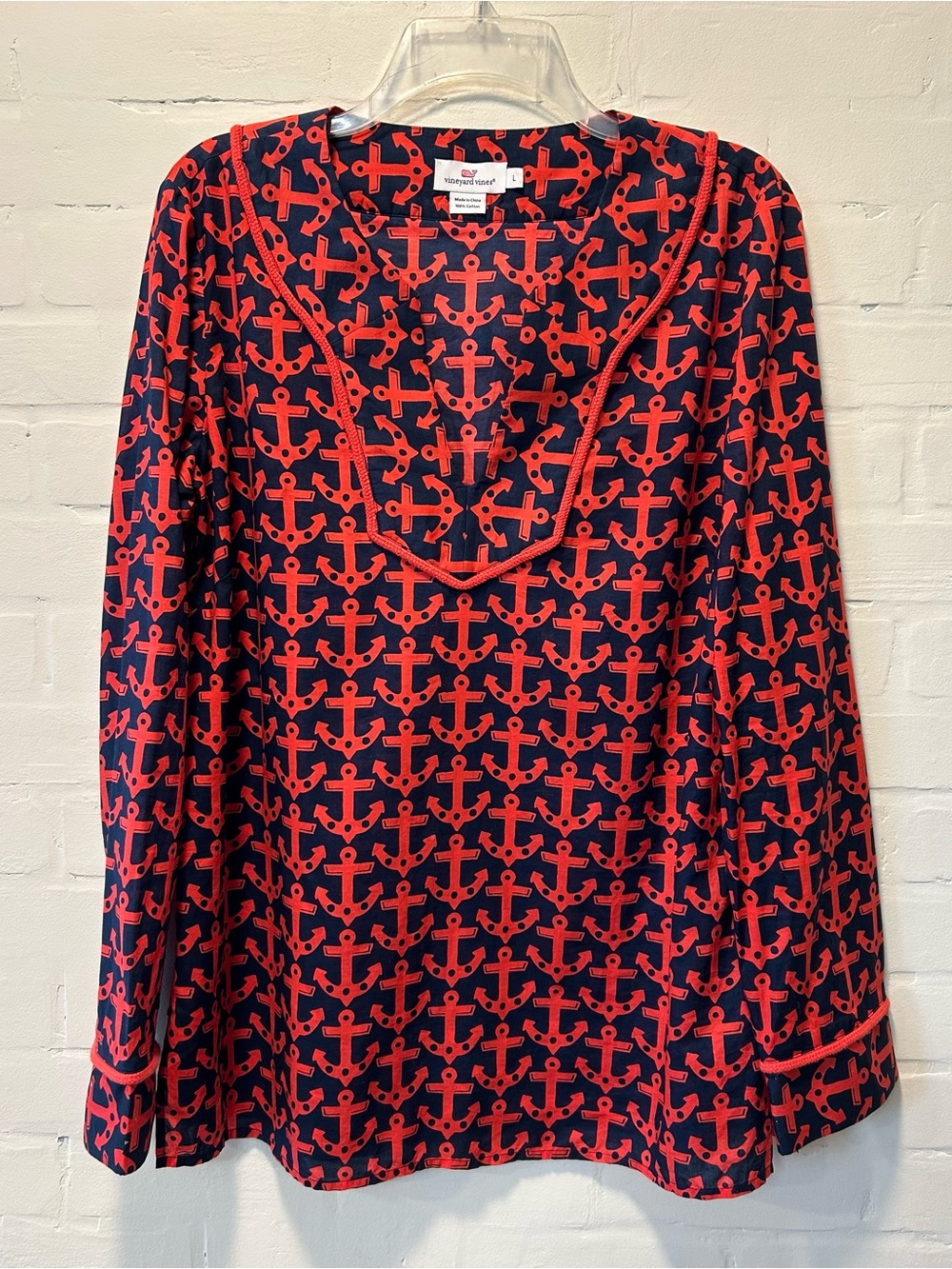 Vineyard Vines Anchor Print Navy Red Tunic Top Size L Nautical Preppy Coastal